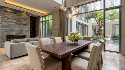 Obraz premium Modern dining room luxury interior glass wall pendant light wooden table upholstered chair, open plan space beside pool courtyard