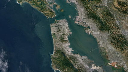 Obraz premium Satellite imagery of northern California displaying the complete San Francisco geographic region with urban landscapes