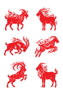 fiery fire goat symbol icon set