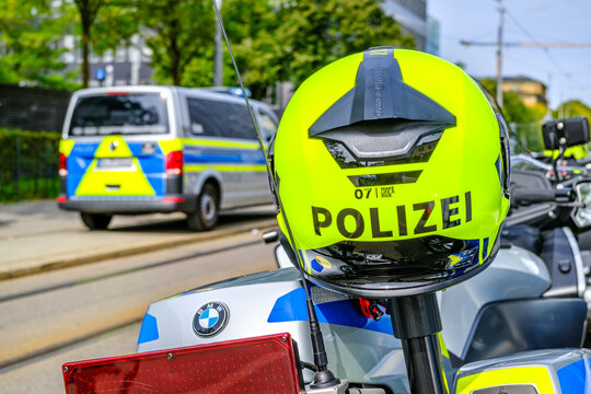 Munich, Germany - September 13: typical german police vehicle at the old town in Munich on September 13, 2025