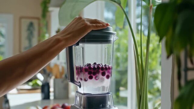 Hand closing blender lid in a bright kitchen beside window plants