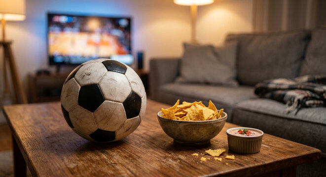 Soccer ball chips dip coffee table tv casual home lifestyle scene