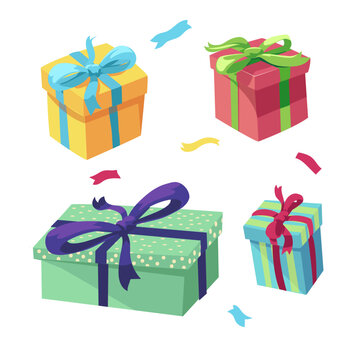 Colorful gift boxes vector set with ribbons and confetti isolated on white background
