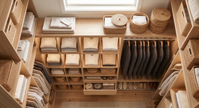 Organized closet folded clothes baskets interior design