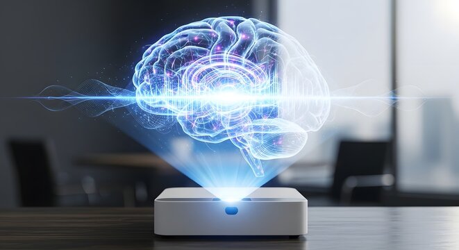Futuristic hologram of human brain projected from device, artificial intelligence and neural network concept, digital brain interface for medical technology