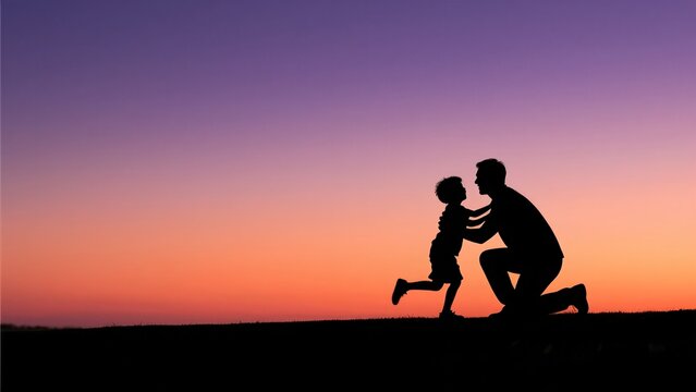 Dramatic silhouette of a father carrying his child on shoulders against a spectacular sunset sky.