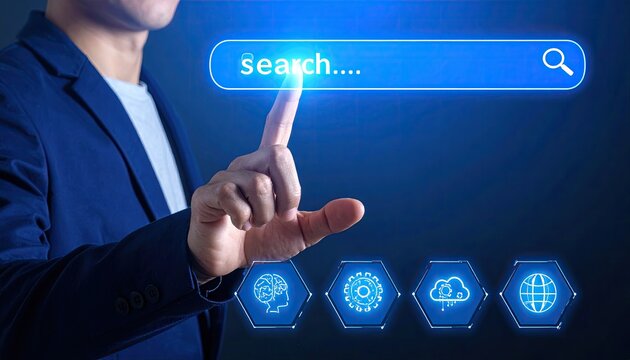 A person in a blue suit uses their index finger to touch the virtual search bar in a blue digital interface
