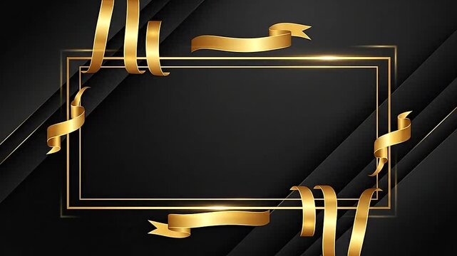 A golden rectangular frame decorated with elegant ribbons on a dark background