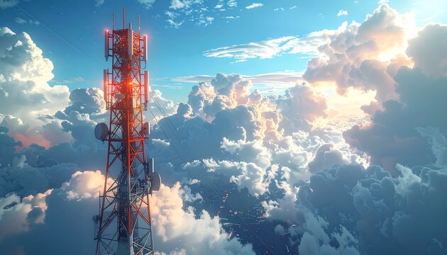 Fire in the sky and clouds sweeps toward a telecommunication tower mast transmitting a wireless mobile network signal