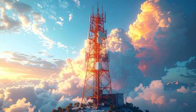 Fire in the sky and clouds sweeps toward a telecommunication tower mast transmitting a wireless mobile network signal