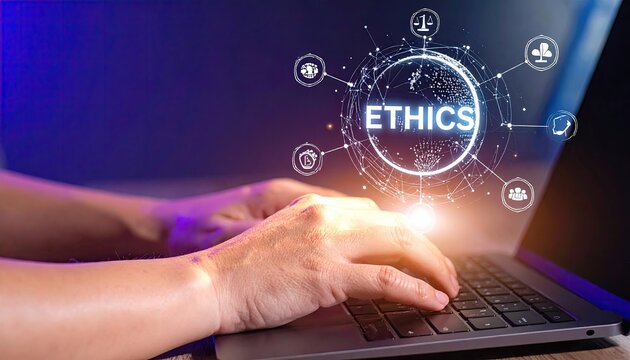 Hands typing on a laptop, a glowing "Ethics" graphic above, indicating online moral responsibility
