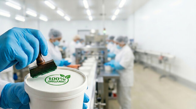 Organic product stamping on container in clean production facility, quality control for healthy food.