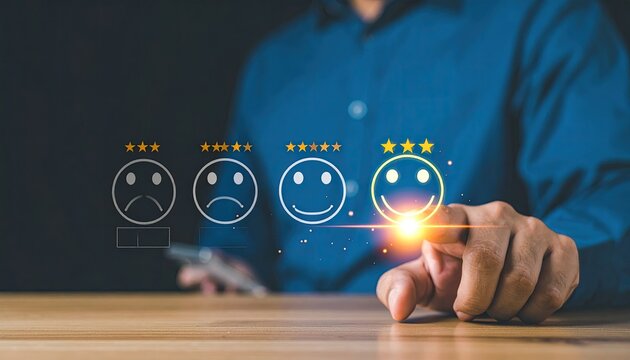 Man pointing to a smiling face emoji with stars representing positive feedback or satisfaction