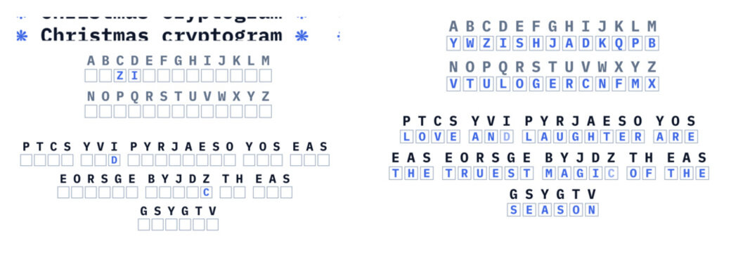 Christmas coded message vector with letters and symbols on white background with the correct answer 