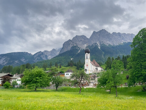 St. Johann Baptist Church in Grainau with Zugspitze Mountains, Bavaria, Germany