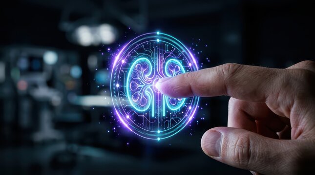 Futuristic Human Hand Touching Digital Brain Interface Concept