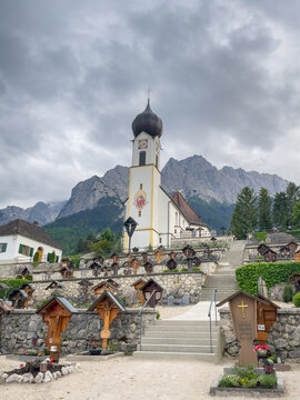 St. Johann Baptist Church in Grainau with Zugspitze Mountains, Bavaria, Germany