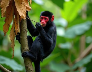 Fototapeta premium Black monkey with red face eats on tree branch. Small primate climbs on trunk in jungle habitat. Wildlife mammal with dark fur holds food in paws.