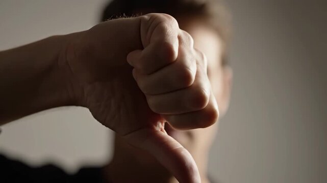 A close-up of a man's hand showing a thumbs down gesture. This action symbolizes strong disapproval and rejection.