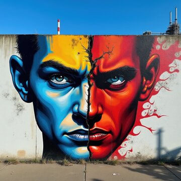 Split face mural art shows contrasting emotions blue calm and red anger. Crack splits human image down middle. Urban street art style, powerful duality.