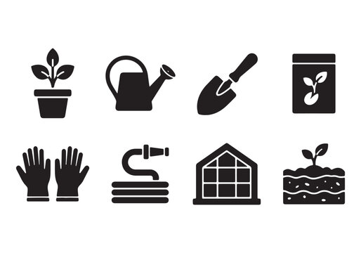 Gardening icons set with tools and plants