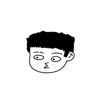 Simple hand drawn doodle of a character head with short hair whistling or pouting looking to the side with pink as isolated PNG
