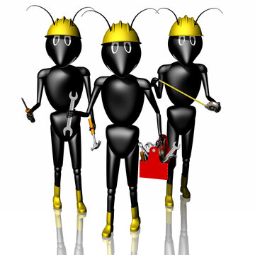 Tre formiche cartoon con casco e attrezzi, simbolo di lavoro di squadra, riparazione e operosit&agrave;. Ideale per temi educativi, tecnici, costruzione e comunicazione divertente.