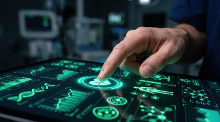 Obraz premium Professional Using Futuristic Touchscreen Interface with Green Holographic Icons