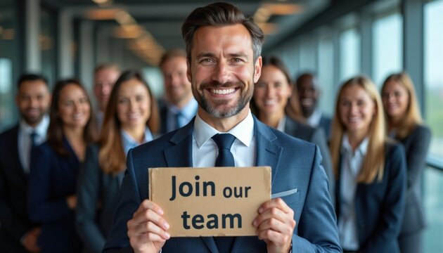 Business team in suits smiles holding Join our team sign. Recruiting people for new job opportunities. Hiring process, employment, career growth concept.