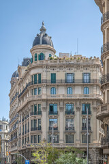 Fototapeta premium Barcelona, Building with Dome and Green Shutters, Classic Architecture, Stone Facade