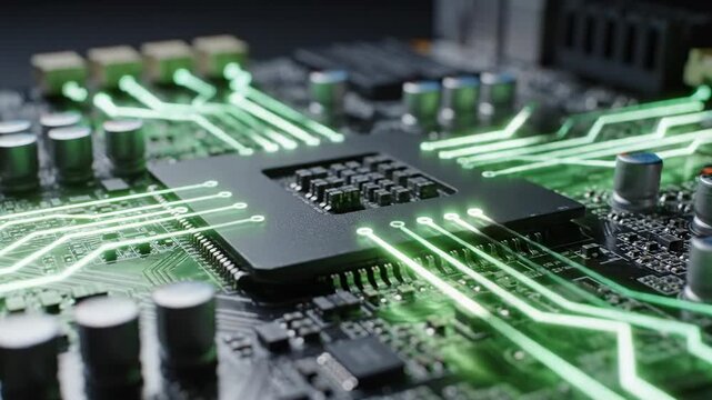 Abstract close up of a computer processor chip with glowing blue circuits on a dark motherboard, representing technology and data transfer
