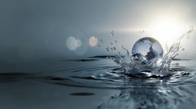 Glass globe splashing into water, creating dynamic ripples. It symbolizes global water crisis, environmental concerns, and ecology