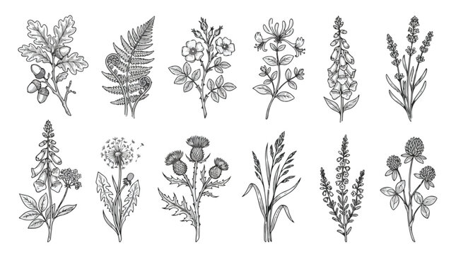 Vintage botanical line art collection, set of 12 hand drawn wildflower and herb sketches, black and white floral vector illustrations for wedding stationery