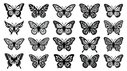 Decorative butterfly silhouettes collection, 20 black butterfly vector icons with intricate wing patterns, elegant insect line art set for laser cutting © Shahzad