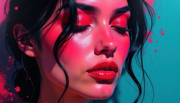 Woman face painted with bright pink and teal colors. Bold makeup includes vivid red lips and dramatic eye shadow. Abstract art style conveys modern energy.