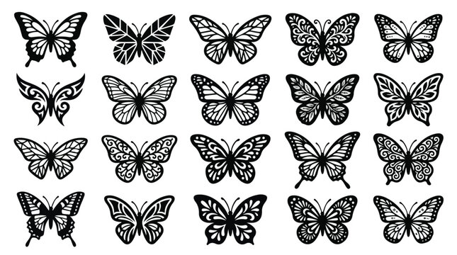 Decorative butterfly silhouettes collection, 20 black butterfly vector icons with intricate wing patterns, elegant insect line art set for laser cutting