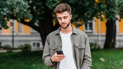 Fototapeta premium Young man standing in urban park, looking at his smartphone. He is engaging with mobile technology and digital content