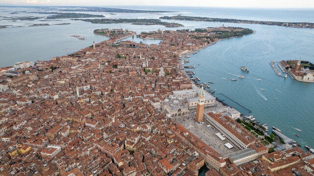 Aerial Panoramic View of Venice Historic Center with Canals and Lagoon, Italy