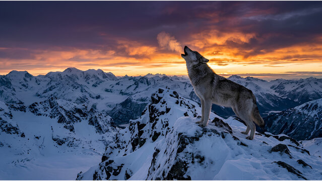 Wild grey wolf standing on a snow-covered mountain peak howling into the dramatic glowing winter sunset sky
