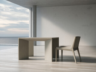 Naklejka premium Minimalist interior modern dining table chair ocean view soft light gray wall pale gray oak, calm coastal room with large window, column
