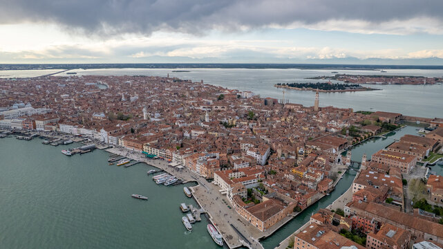 Aerial Panoramic View of Venice Historic Center with Canals and Lagoon, Italy