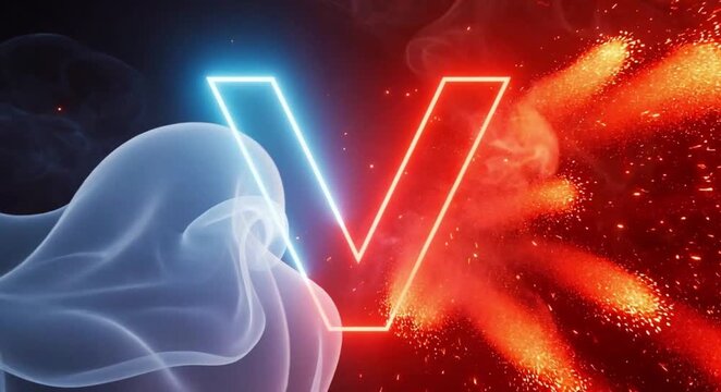 A glowing neon letter v clashing with blue smoke and red fire sparks in a dark abstract space.