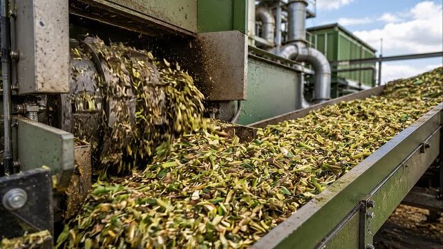 Bioenergy farming conveyor processing biomass with shredded leaves and agricultural residue industrial plant converting chopped corn stalks into