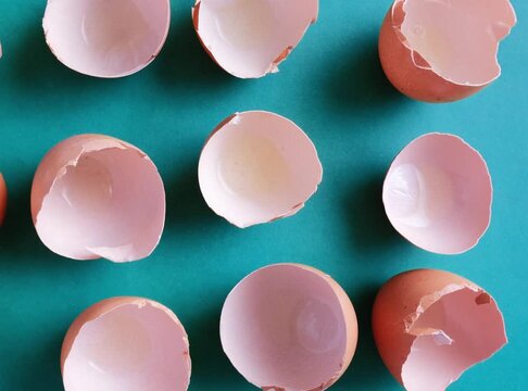 Top view of broken pink eggshells pattern on beautiful turquoise background creating abstract texture