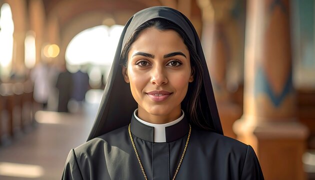 Portrait of a nun in a religious setting warm lighting and detailed focus