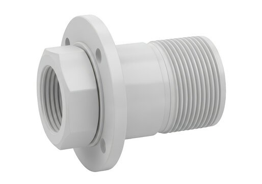 White pvc bulkhead fitting with threaded connector and flange for plumbing and water tank installation isolated on a transparent background