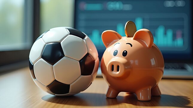 Soccer ball and piggy bank with blurred stock market chart background.