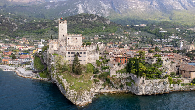 Aerial View Scaligero Castle on Lake Garda with Mountains in the Background, Malcesine, Italy