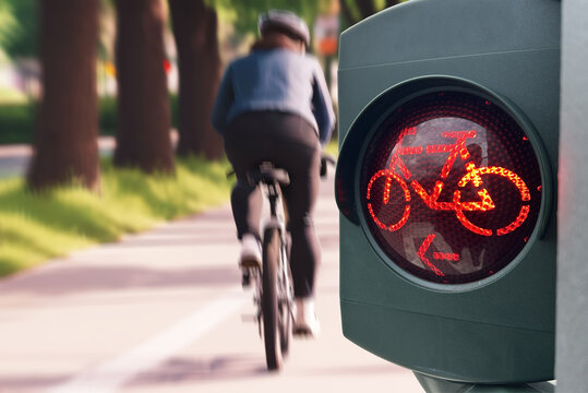 Ein Fahrradfahrer f&auml;hrt &uuml;ber eine rote Ampel