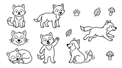 Fototapeta premium Cute Cartoon Wolf Cub Character Line Art Illustration Set Adorable Woodland Animal Collection